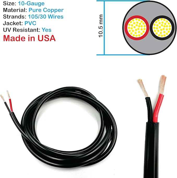 NATIONAL Wire & Cable – 10 AWG 2-Conductor Premium Copper Wire, 500 ft, Stranded | Made in USA, Heavy-Duty Flexible Jacket | Automotive, Solar, Battery, Indoor and Outdoor Use