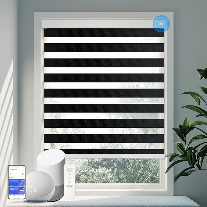 COOLWINDS Motorized Zebra Blinds for Windows Cordless Electric Curtains with Remote Control Blackout Shades Custom Smart Blinds Compatible with Alexa Google Home(Light Filtering Black,W34 X 72in)