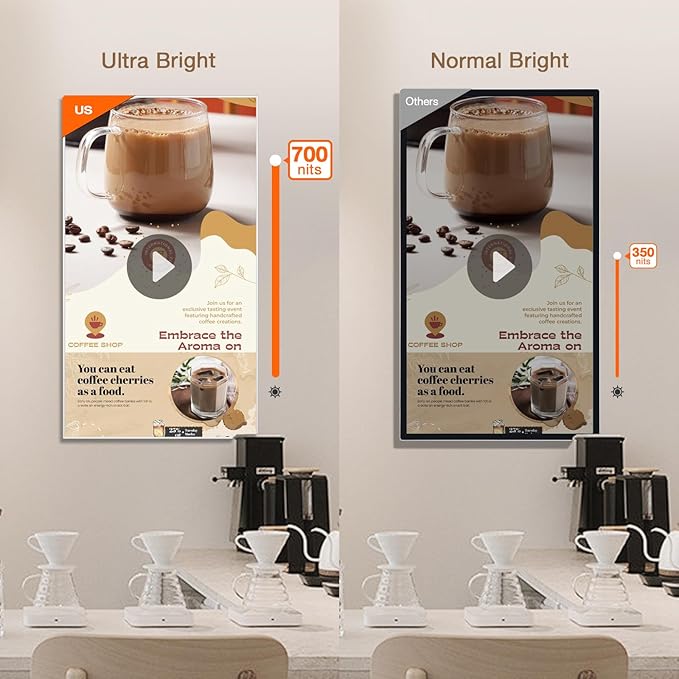 Canlarriz Digital Signage Display 75 inch Wall Mount Digital Menu Board for Restaurants and Stores Advertising Screen 500 nits Ultra-High Brightness 4K UHD Free Web Content Editor Android 4GB + 64GB