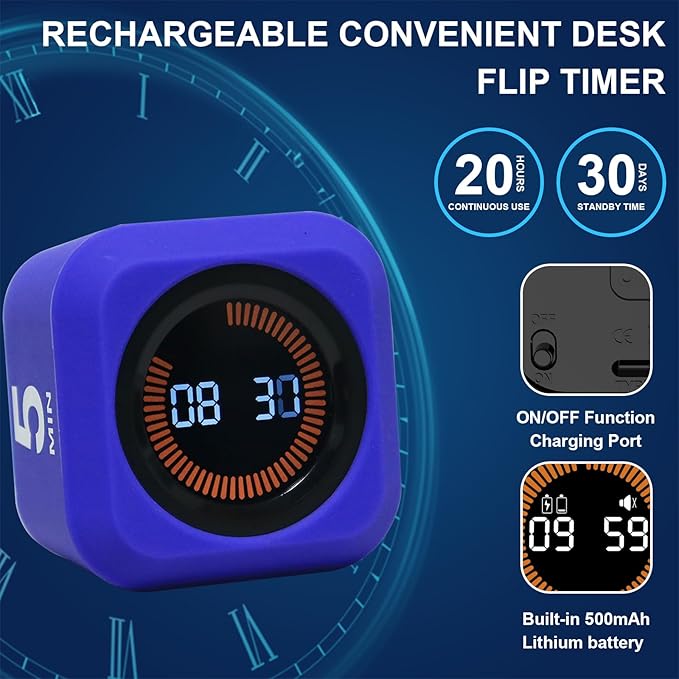 Rotating Cube Visual Pomodoro Timer 5, 25, 10 50 Minutes Preset + Custom Countdown, Rechargeable Desk Productivity Flip Timer with Detachable Silicone Cover for ADHD Study Work Kitchen School (White)