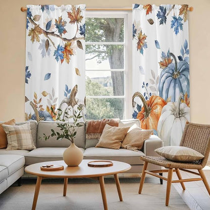 Navy Blue Pumpkin Fall Window Curtains 72 Inch Long 2 Panel Set, Rod Pocket - Image 3