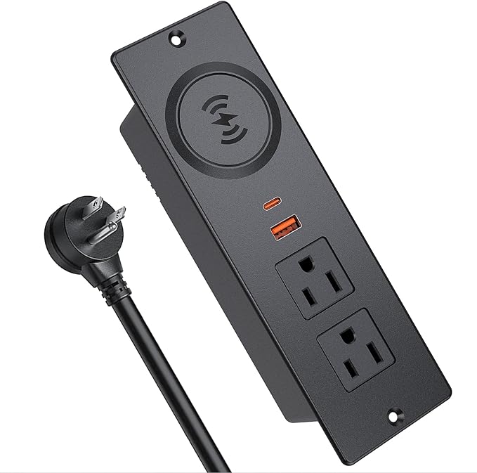Recessed Power Strip with 15W Wireless Charger, Haiaoyyds Flush Mount Power Strip with 2 Outlets, 2 USB, and 6.56FT Flat Plug Cable, Furniture Recessed Outlet for Drawer, End Table, Sofa, Cabinet