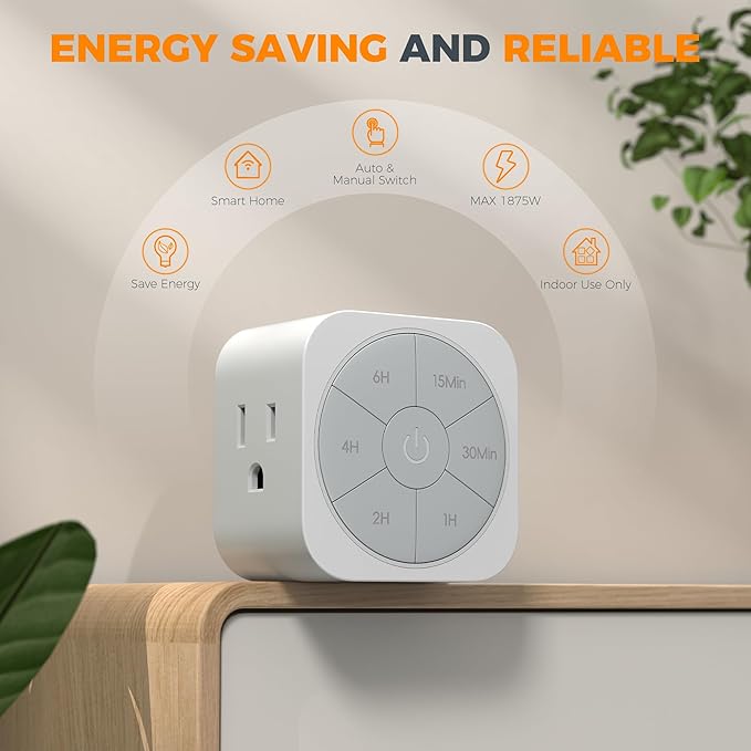 1 Pack Timer Outlet Indoor, Countdown Timers for Electrical Outlets Up to 6H for Lights, Iron, Fan, Electric Bike, Auto Shut Off Switch for Home Kitchen Bedroom, 1875W