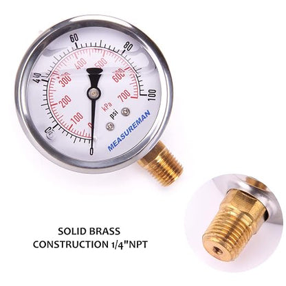 MEASUREMAN Pressure Gauge 1/4 NPT, 0-100psi/kPa Glycerin Filled Pressure Gauge - Image 3