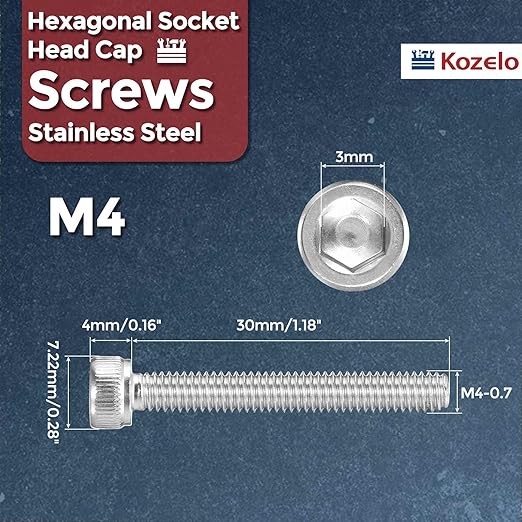 Kozelo 25pcs Socket Head Cap Screws - [M4-0.7 x 30mm] 304 Stainless Steel Allen Socket Drive for Electrical Motor 3D Printing Fan Engine Replacement Use, Silver