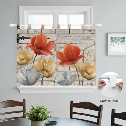 Retro Floral Kitchen Curtains 45 Inch Length, Short Cafe Window Curtains Tab Top - Image 4