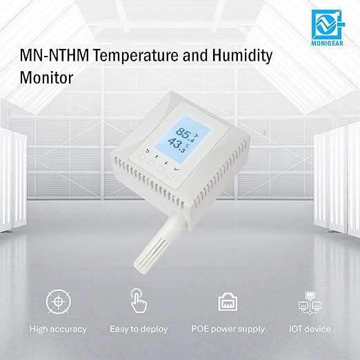 MONIGEAR Network Temperature Humidity Monitor, THERMOMETER, Environmental Sensor, Supports MQTT, BACnet, SNMP, Modbus TCP, PoE Power Supply