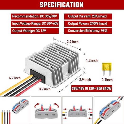 Nilight 48V 36V to 12V Voltage Converter 240W 20A Regulator Step Down to 12VDC Waterproof DC Convert Reducer Power Supply Transformer Module for Golf Cart Scooters