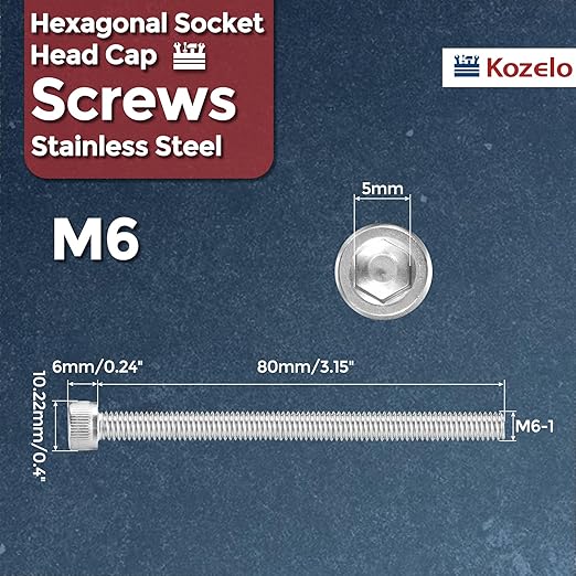 Kozelo 25pcs Socket Head Cap Screws - [M6-1 x 80mm] 304 Stainless Steel Allen Socket Drive for Electrical Motor 3D Printing Fan Engine Replacement Use, Silver