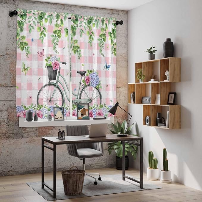 Spring Kitchen Curtains, Bicycles Leaves Butterfly Flowers Pink Buffalo Plaid - Image 6