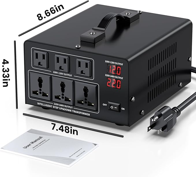 3000W Voltage Converter Transformer Step Up 110V/120V to220V/240V or Step Down 220V to 110V AC Power Converte, Circuit Breaker Protection, 3 US sockets, 3 Universal sockets, LCD Display