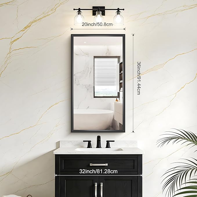 Bathroom Mirrors for Over Sink, 36 x 20 Inch Brushed Black Rectangle Mirror, 0.6" Thickened Deep Frame Wall Mirror, Shatterproof Tempered Glass, Antirust, Horizontally or Vertically