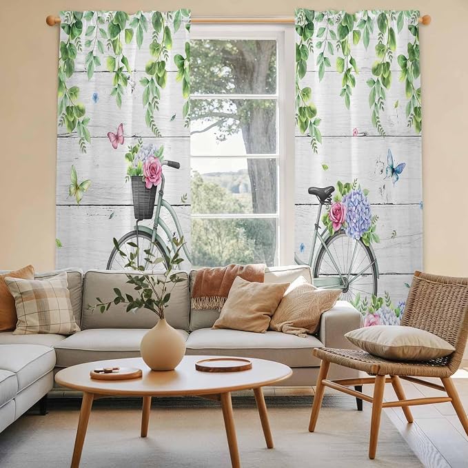 Spring Kitchen Curtains, Bicycles Botanical Rose Leaves Butterfly Wood Grain - Image 3