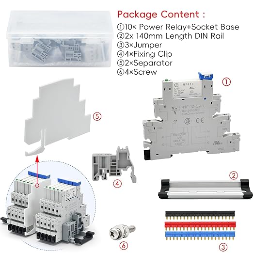 (10Pcs) 12V Relay Din Rail; Silm Relay 12V DC/AC 6Amp 5Pin 1NO 1NC SPDT with LED Indicator, Socket, Jumper DIN Rail Mount 12 Volt UL Listed