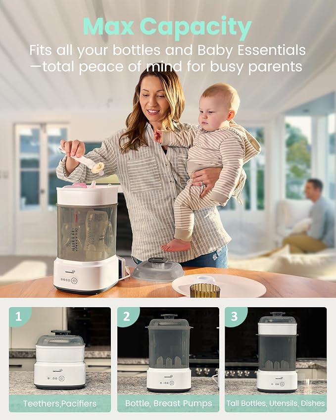 Bottle Sterilizer and Dryer, Compact Electric Steam Baby Bottle Sterilizer (Esterilizador de Biberones), Bottle Sanitizer for Baby Bottles, Pacifiers, Pump Parts Black