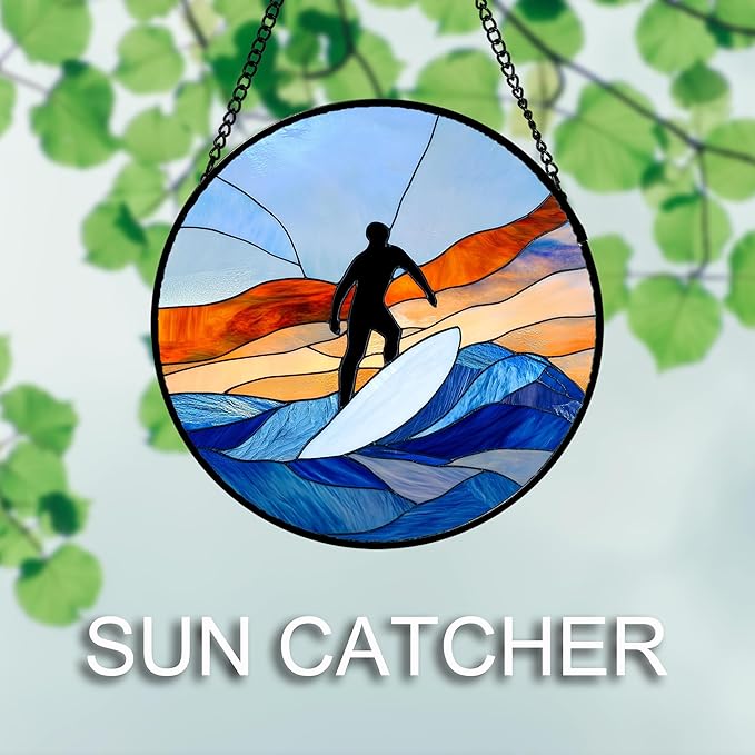 AMDERVEN Stained Glass Window Hanging 4 Pcs Set Blue Ocean Surfing Beach Large 15" - Suncatcher Door Garden Sun Catcher Decor Birthday Mother's Day for Firefighte Men Woman Nana Mom