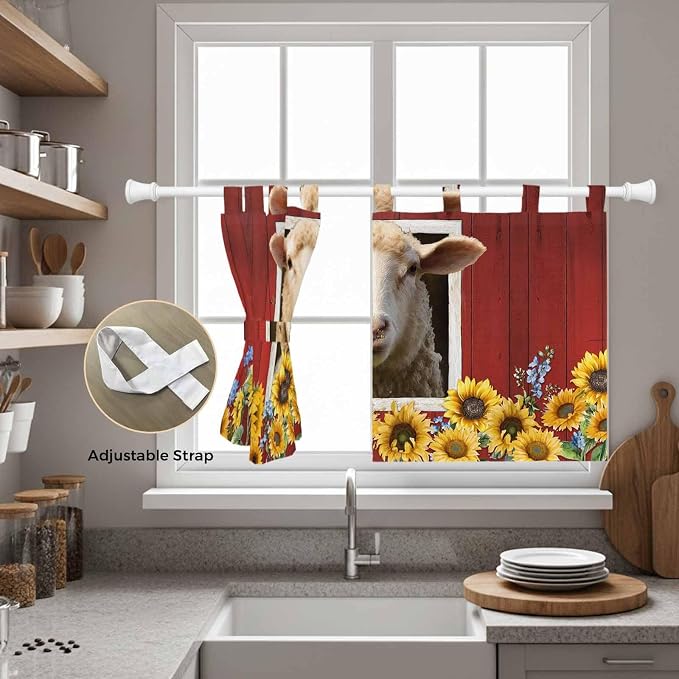 Sheep Sunflower Kitchen Curtains 36 Inch Length, Small Window Curtains Tab Top - Image 5