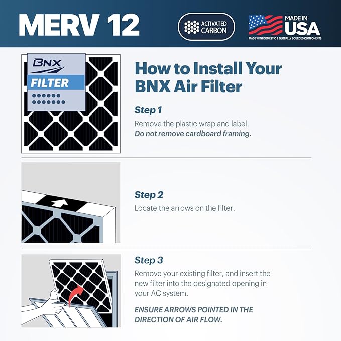 BNX TruFilter 14x20x1 MERV 12 Odor Defense (6-Pack) AC Furnace Air Filter with Activated Carbon - MADE IN USA - Pleated Air Conditioner HVAC AC Furnace Filters - Removes Odor, Mold, Bacteria, Smoke