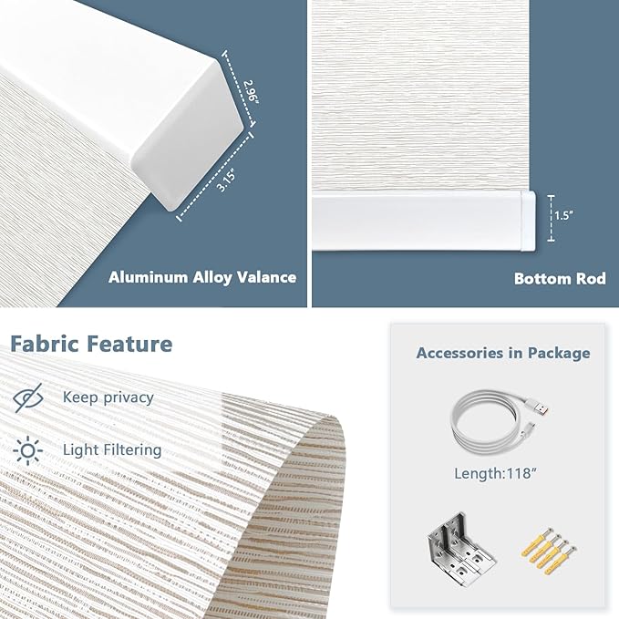 COOLWINDS Motorized Blinds with Remote Cordless Automatic Motorized Shades Custom Blinds for Windows Smart Curtains Compatible with Alexa Google Home(Light Filtering Jacquard Beige,W39 x H72in)