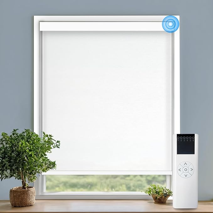 COOLWINDS Motorized Blinds with Remote Cordless Automatic Motorized Shades Custom Blinds for Windows Smart Curtains Compatible with Alexa Google Home(Light Filtering Jacquard White,W41 x H72in)