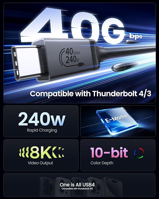 Silkland USB 4 for Long Thunderbolt 4 Cable 10FT, 40Gbps/8K Display/240W Charging, Braided USB C Thunderbolt 3 Cable 3M, USB C Video Cable Compatible for MacBook, iPhone 17/16, SSD, Monitor