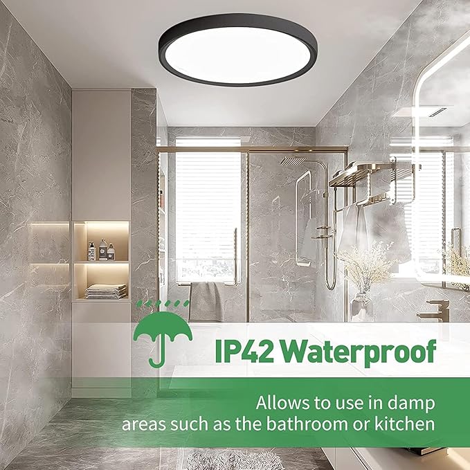 2PK 15.8 Inch Black LED Flush Mount Ceiling Light, 32W, 3480LM, 3000K/4000K/6000K CCT Selectable, Round Flat Panel Light Low Profile Ceiling Light Fitures for Hallway, Kitchen, Bedroom, Laundry Room