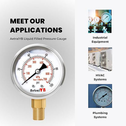 Glycerin-Filled Pressure Gauge, Brass Internal 2-Inch Gauge, Stainless Steel - Image 7