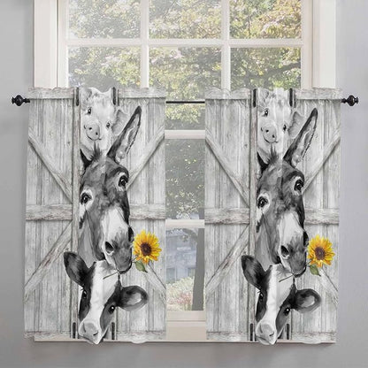 Grey Farmhouse Kitchen Curtains 54 Inches Length, Vintage Sunflowers Animals - Image 2