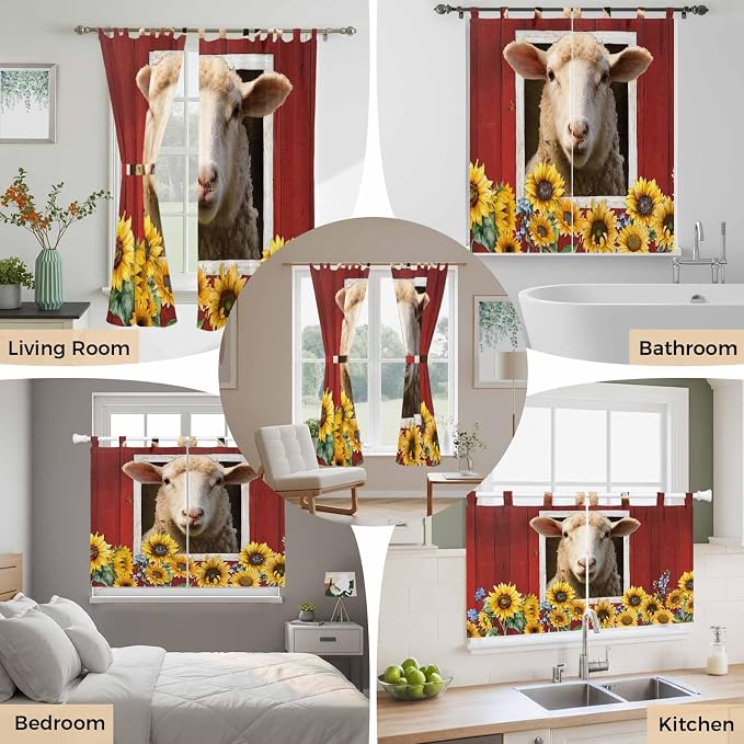 Sheep Sunflower Bathroom Curtains 63 Inch Length, Window Curtains Tab Top - Image 7