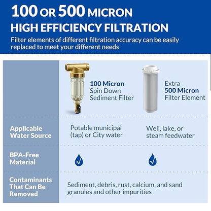 SimPure 100/500 Micron Spin Down Sediment Filter, Reusable Whole House Sediment - Image 2