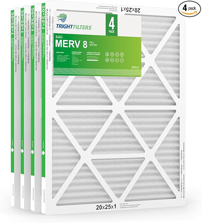 20x25x1 Air Filter 4 Pack, MERV 8 Pleated Dust Defense Air Filters Replacement by TrightFilters