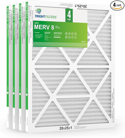 20x25x1 Air Filter 4 Pack, MERV 8 Pleated Dust Defense Air Filters Replacement by TrightFilters