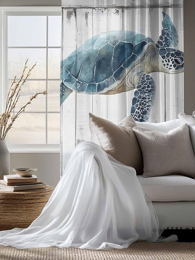 Sheer Curtains 63 Inch Length, Sea Turtle Teal Blue Semi Sheer Curtains Light - Image 4