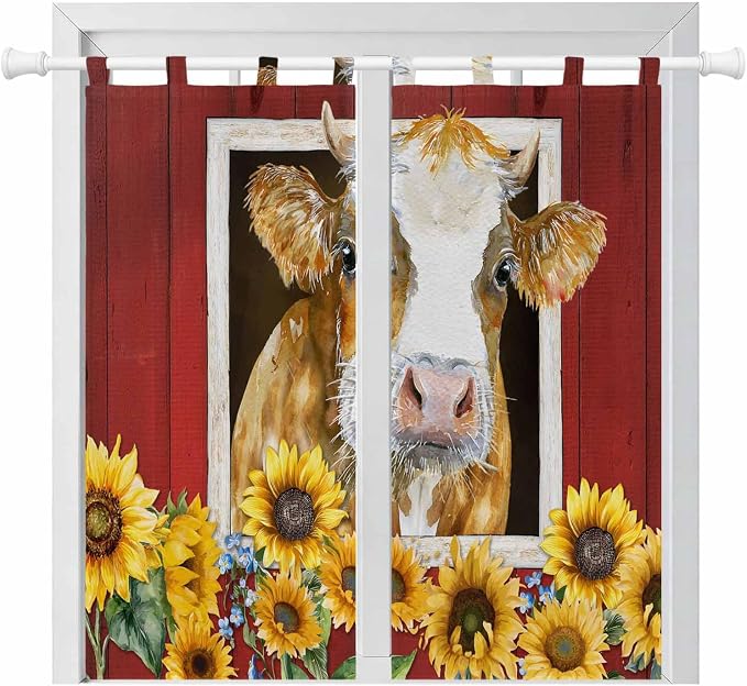 Cows Sunflowers Bathroom Curtains 63 Inch Length, Window Curtains Tab Top by Unknown