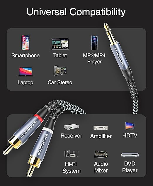 BlueRigger 3.5mm to RCA Audio Cable (10FT, RCA Male to Aux Audio, Braided, Headphone Jack Adapter, Metal Shell) - for Phones, Amplifiers, Tablets, Home Theater, Speakers, HDTV