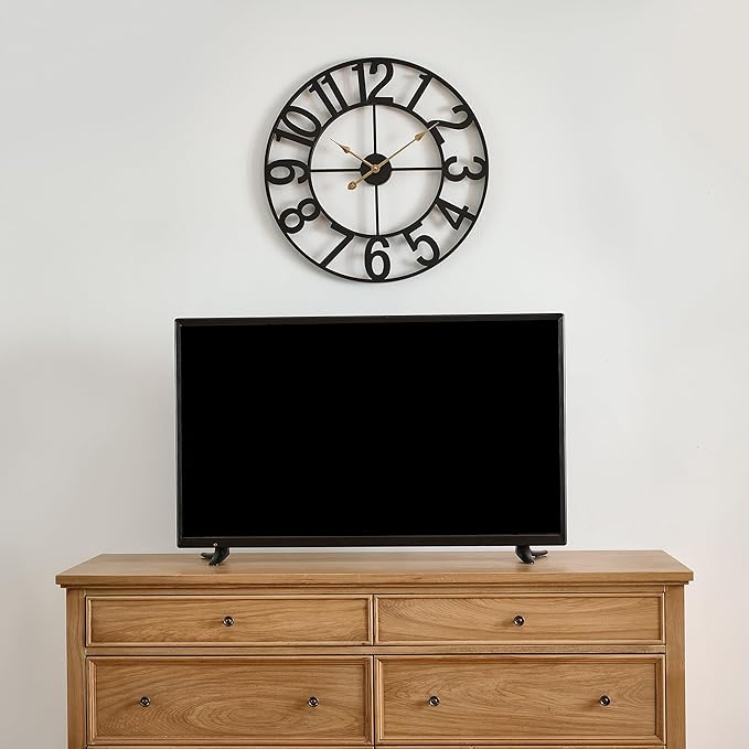 Alarmore Wall Clocks for Living Room Decor, Silent Wall Clock Battery Operated, Mid Century Rustic Farmhouse Black Metal Skeleton Large Clocks for Kitchen, Bedroom, Dining Room-18 in