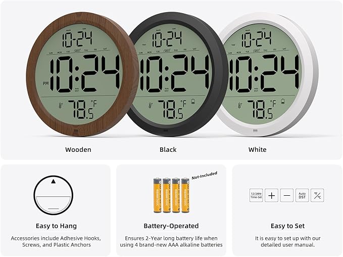 Digital Wall Clock with Date, Indoor Temperature, Auto-DST, Battery-Operated Digital Clock, 8 Inch Small Decorative Wood Wall Clock for Bedroom, Living Room, Kitchen, Office, Modern, Electric, Simple
