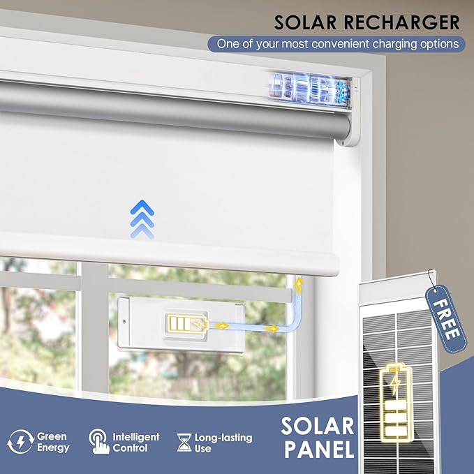 Motorized Blackout Smart Roller Blinds with Remote Control & Solar Panel - Automatic Electric Shades for Windows, Compatible with Alexa - White,34" W*72" H