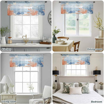 Ocean Corals Sheer Valance Curtains, Summer Beach Coral Sea Stars Blue Wood - Image 9