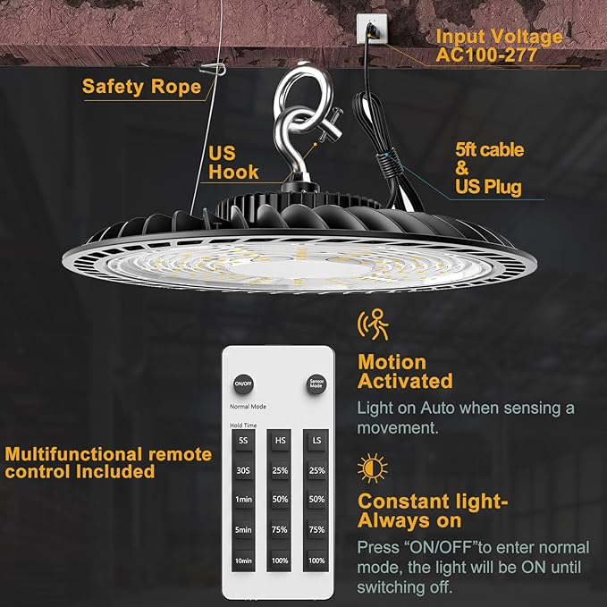 ACOHOOK 250W High Bay LED Shop Lights 37500lm UFO LED Lights AC100-277V UFO High Bay Light with Smart Control Supports Normal Mode & Motion Sensor Mode(Energy Saving)-4Pack