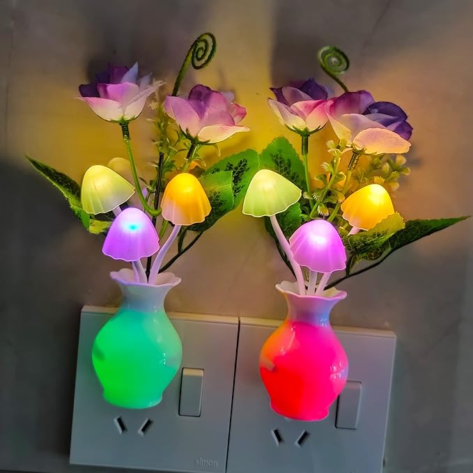 AUSAYE Color-Changing LED Night Light, 1Pack Plug in Dusk-to-Dawn,Home Décor Lamp Dream Nightlight Purple Rose Flower Mushroom Night Light for Kids Adults Bedroom,Bathroom,Stairs, Kitchen,Hallway