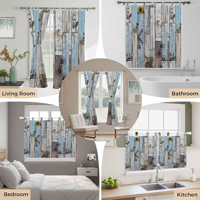 Blue Grey Wooden Bathroom Curtains 63 Inch Length, Window Curtains Tab Top - Image 7