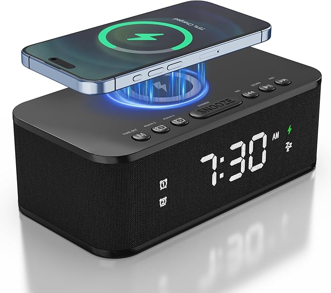 Fansbe Direct Digital Alarm Clock White Noise, Loud Digital Alarm Clocks Bedrooms, Alarm Clock Speaker Wireless Charger AUX USB Bluetooth Speaker 12/24H Dual Alarm Snooze Adjustable Brightness, Black