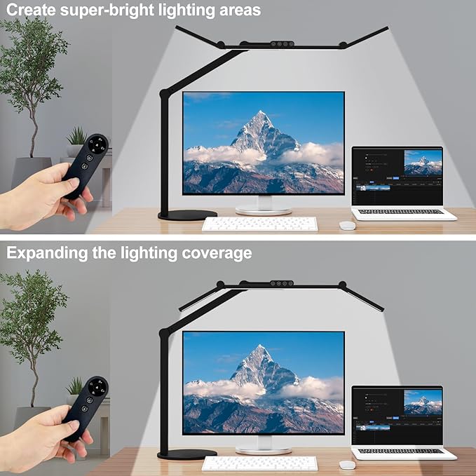 Micomlan Architect Desk Lamp with Remote Control, Adjustable Led Desk Light for Home Office with Base, 24W Bright Auto Dimming Table Light Rotatable Office Lamp with Swing Arm for Computer Cafting