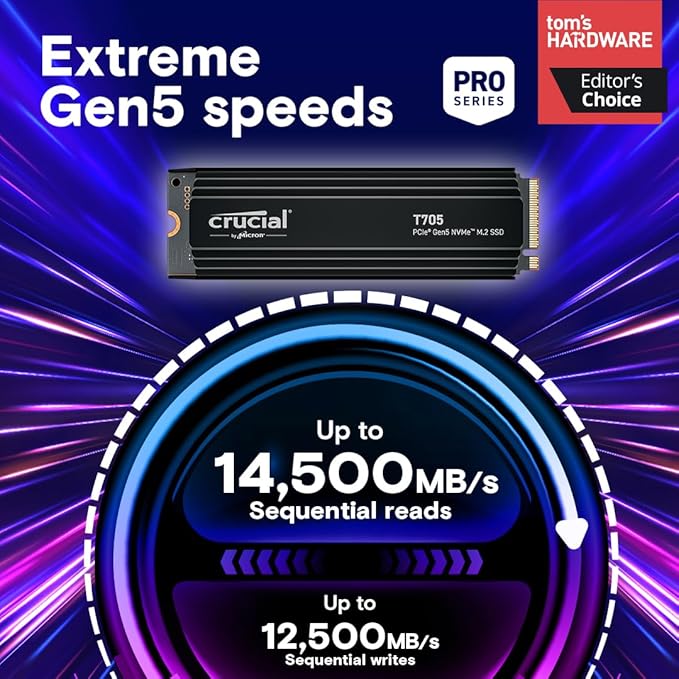 Crucial T705 PCIe Gen5 NVMe 2TB SSD with Heatsink, Up to 14,500MB/s, TLC NAND, Laptop & Desktop (PC) Compatible, for Creatives and Hardcore Gamers, Solid State Drive, 1Mo Adobe CC – CT2000T705SSD5