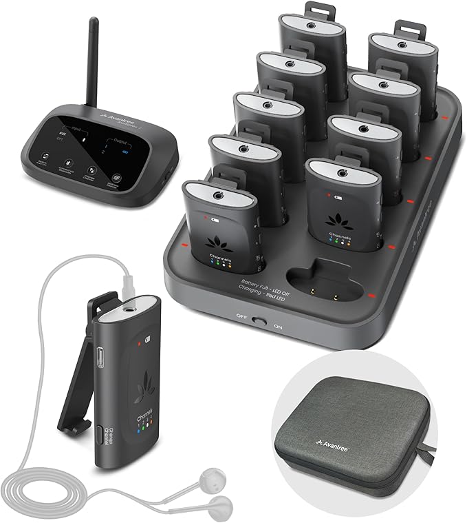Avantree Audiplex MX – Multi-Channel Assistive Devices for Churches & Translation, 30ms Low Latency, Superior Sound, Group Listening System with Audio Transmitter & 10 Receivers for Classroom, Seminar
