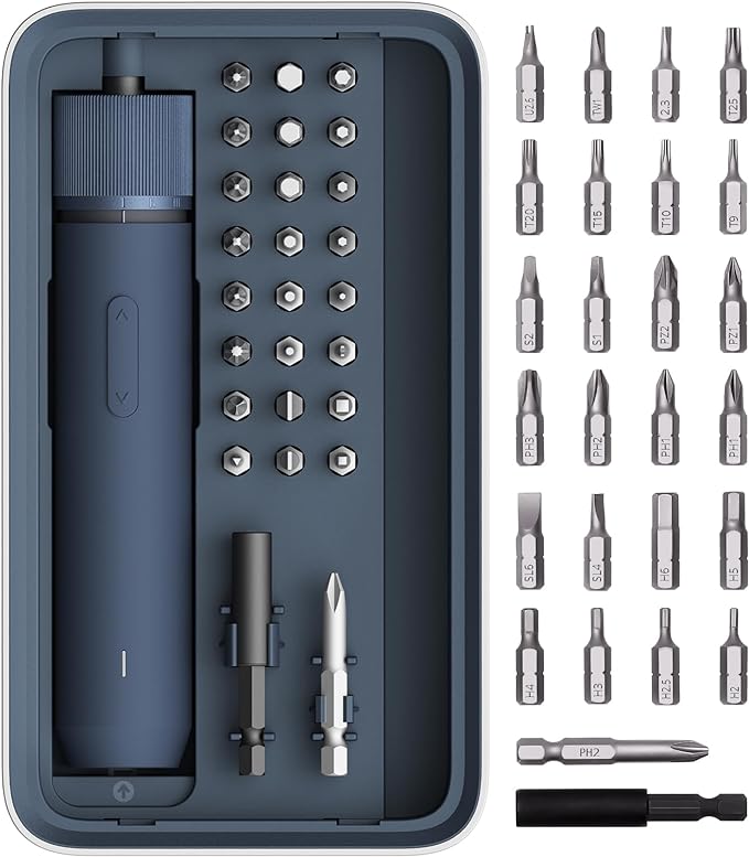 HOTO Electric Screwdriver Kit, Upgraded 1/4'' Hex 25 Bits, Magnetic Lid, Rechargeable Cordless Screwdriver, 3 Torque Settings, 1500mAh Battery, LED Light, Ideal for Assembling Furniture, Home Repair