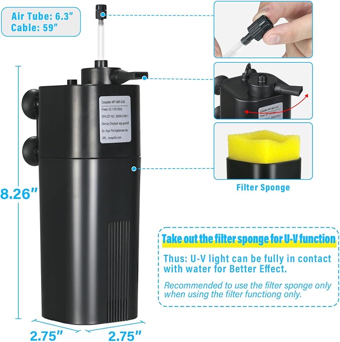 Aquarium U-V Filter for 10-40 gal, 132 GPH Swirl Turbo Design Submersible - Image 6