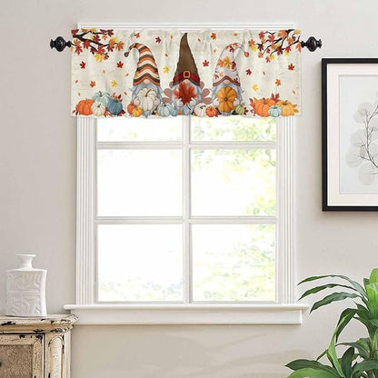 Fall Kitchen Curtain Set, Thanksgiving Gnomes Maple Leaf Pumpkin Beige Window - Image 7
