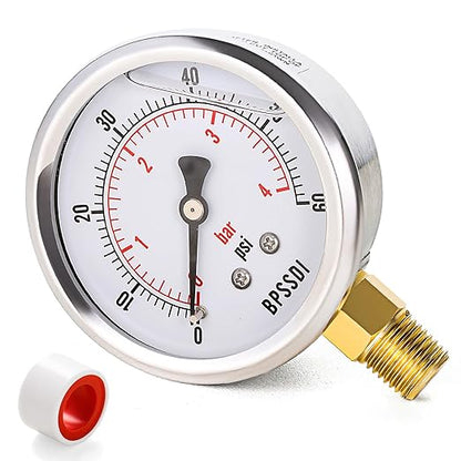 0-60 Psi Glycerin Liquid Filled Low Pressure Gauge, 2.5" Dial Size, 1/4" NPT by BPSSDI